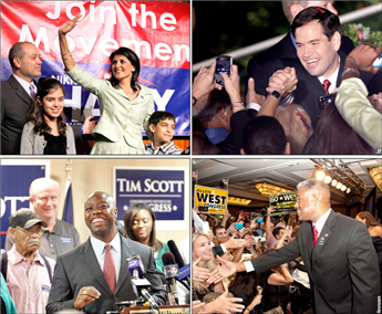 Among the new Republican faces emerging victorious in Tuesday’s elections were (clockwise from upper left): Nikki Haley, daughter of Indian...
